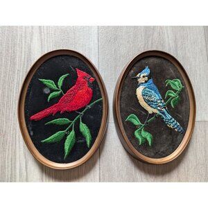Vintage Ecstasy Oval Framed Embroidered Cardinal & Blue Jay Wall Art Set